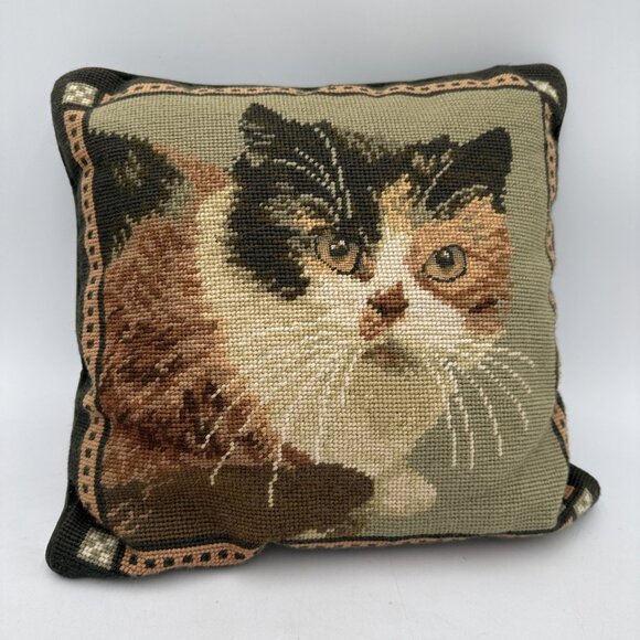 Vintage Imperial Elegance Wool Needlepoint Cats Throw Pillow Green Calico KItten - Picture 1 of 9